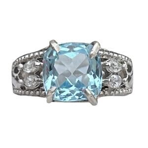 Signed BJ Estate Sterling Silver Ring Blue Topaz Band CZ Filigree Size 6.5